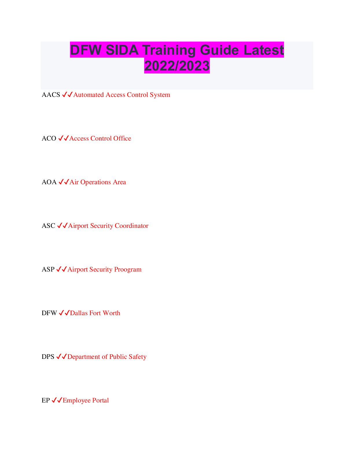 Preview image of DFW SIDA Training Guide Latest 2022/2023 document